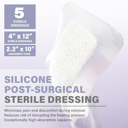 EVERLIT Post-Surgical Dressing | Sterile Waterproof Adhesive Dressing for Post-Operative Wound Care | Hypoallergenic Silicone Coated Bandage for Surgical Incision Pack of 5 (4" x 12") - size: 4" x 12"