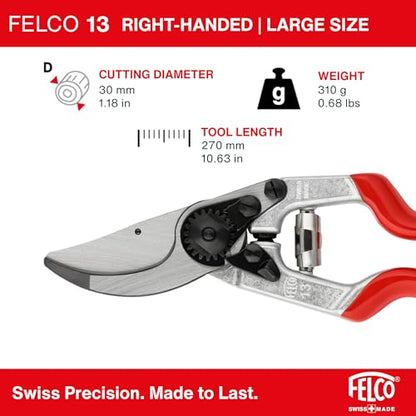Felco F-13 Pruning Shears – 10.6" Garden Clippers with Dual-Hand Use & 30mm Cut | Hand Pruners for Gardening | Garden Tool Cutter with Bypass & Anvil Blades, Forged Aluminum Handle, Large Hand Fit - size: F13 X-Large Ergo