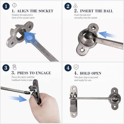 6 Inch Heavy Duty Aluminum RV Door Catch & Trailer Door Holder | Windproof rustproof ball socket replacement door latch firmly secures to keep open camper cargo trailer & shed doors