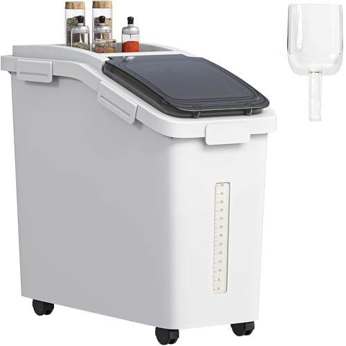YITAHOME 50L/90lb Large Ingredient Flour Storage Bin, Commercial 11.4-Gallon Rice Storage Container 280 Cups Bulk Flour storage Bins with Wheels,Scoop,Lid and scale, Rice Bin for Kitchen, White - color: White, size: 11.4 Gallons