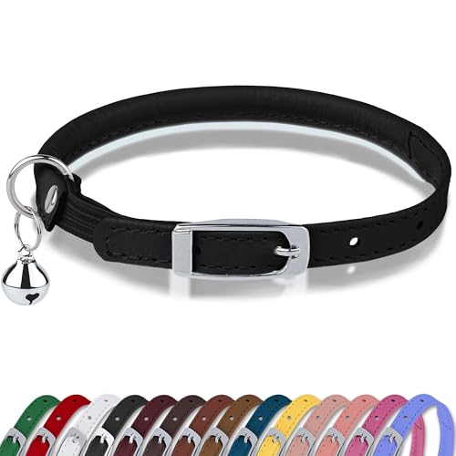 OOPSDOGGY Rolled Leather Cat Collar with Bell, Reflective Kitten Collars with Buckle Include Safety Elastic Strap - Adjustable Small Pet Collars for Boy Girl Cats (Black) - color: Black