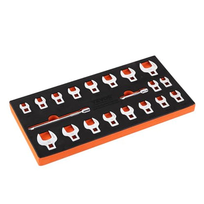 VEVOR Crowfoot Wrench Set, 3/8" Drive 20-Piece Crows Foot Wrench Set with 2 Extension Bars and EVA Tool Organizer,40CR Material with Mirror Chrome Finish, SAE 3/8"-7/8" and Metric 10-22 mm - size: 3/8" 20 PCS