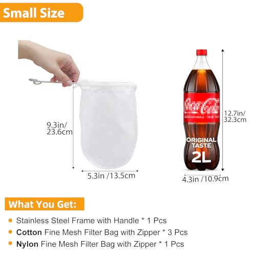 5 Pcs Premium Ultra Fine Mesh Strainer Bags with Stainless Steel Handle, Reusable Nut Milk Bags, Cheese Cloths for Straining Juice, NutMilk, Coffee, Thai Tea, Yogurt and Soup (Small) - size: Small