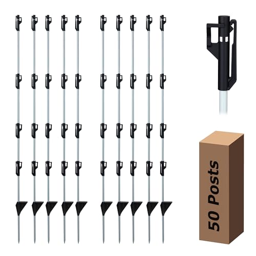 50 Pack 48 inch Fixed Insulator Fiberglass Electric Fence Posts Grey | Easy Step-in Posts for Livestock Fencing, Garden Fencing and Boundary Marking,Grey - color: Grey