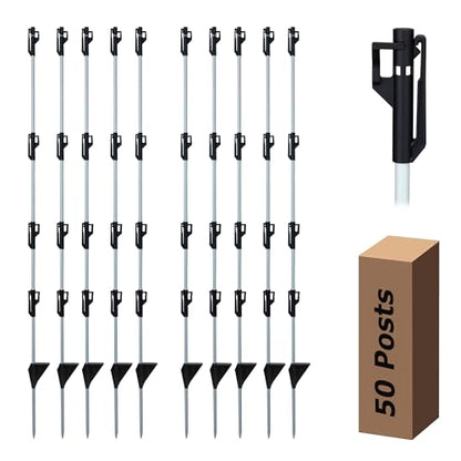 50 Pack 48 inch Fixed Insulator Fiberglass Electric Fence Posts Grey | Easy Step-in Posts for Livestock Fencing, Garden Fencing and Boundary Marking,Grey - color: Grey