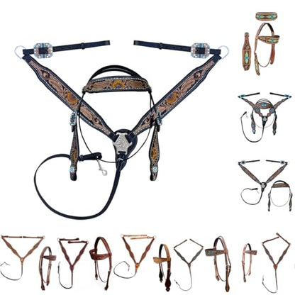 Majestic Ally Tooled Leather Western Headstall & Breast Collar Set – Handcrafted Leather, Classic Western Tack, Multiple Styles & Designs - style: 1018-BLK