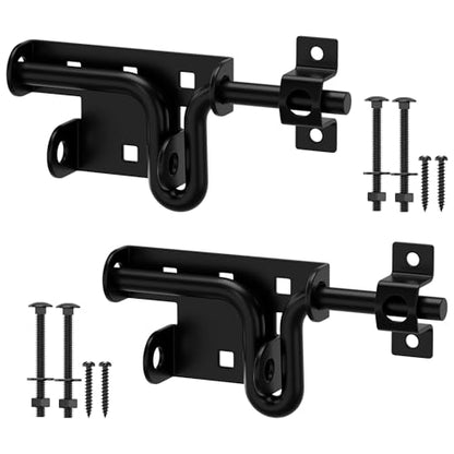 Heavy Duty Slide Bolt Gate Latch, Slide Latches with Padlock Hole, 2 Pack | Extra Security Slide Bolt Hardware for Wooden Fence/Yard Fence/Shed Door/Barn Door, Black Powder Coated
