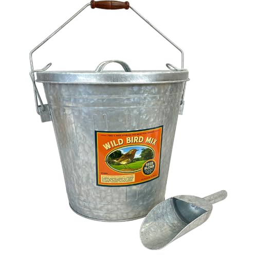 Audubon Woodlink Galvanized Steel Rustic Farmhouse Bird Food and Seed Locking Storage Bucket Bin with Scoop, Holds up to 16.5 Quarts or 25 Pounds
