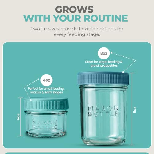 Mason Bottle Glass Breastmilk Storage Jar Set with Lids, 8-Pack, 4oz & 8oz | Baby Glass Jar Set with Airtight Leakproof Lids, Freezable Breast Milk Storage Jars, Baby Food Storage Containers, Deep Ocean - size: Mixed Jar Set (8 pack)