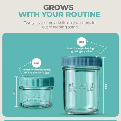 Mason Bottle Glass Breastmilk Storage Jar Set with Lids, 8-Pack, 4oz & 8oz | Baby Glass Jar Set with Airtight Leakproof Lids, Freezable Breast Milk Storage Jars, Baby Food Storage Containers, Deep Ocean - size: Mixed Jar Set (8 pack)