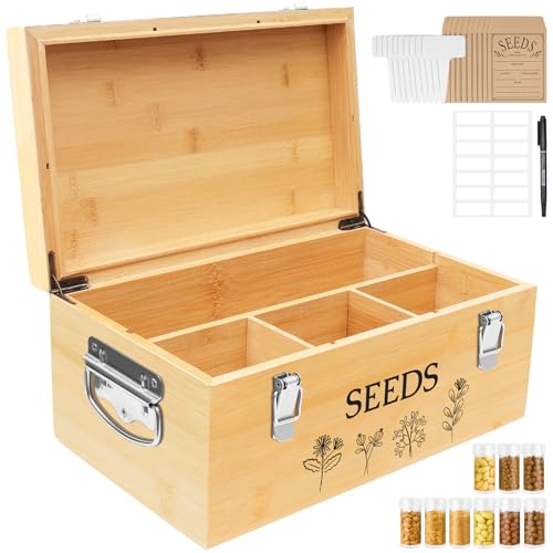 Large Bamboo Wood Seed Storage Organizer Box with Lid,Double-Layer Seal Design Seed Saving Box with 304 Stainless Steel Safety Lock,Handles,Extra Seed Envelopes and Labels (Wood) - color: 1.Natural Wood(Large)