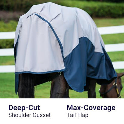 Horse Turnout Rain Sheet | 600 Denier Ripstop Turnout Blanket No Fill (0g) | Waterproof Lightweight Breathable | Tear-Resistant Outer & Rub-Free Silky Inner | Grey/Navy - 72 in - color: Grey/Navy, size: 72