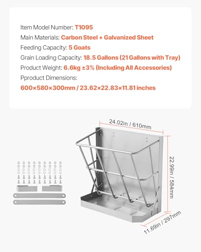 VEVOR Wall Mounted Hay Rack, 18.5 Gallon Livestock Feeder with 2.5 Gallon Feed Tray, 2 in 1 Hay and Grain Feeder, Feeds up to 5 Goats, Heavy-Duty Galvanized Steel Goat Feeders for Farm Sheep Horses - size: 21 Gal (18.5 +2.5Gal )