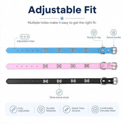 Adjustable PU Leather Dog Collar with Color Matched Bell, Blue M - color: blue, size: 10-13.5 Inch