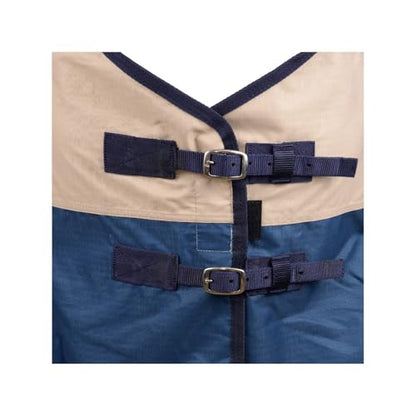 Reinsman Classic Turnout Winter Warm Horse Blanket with 200g Fill| Water-Resistant 600 Denier | Comfortable Fleece-Lined Adjustable Neck | Breathable Nylon Liner | Easy to Clean, Tan/Blue, 69"