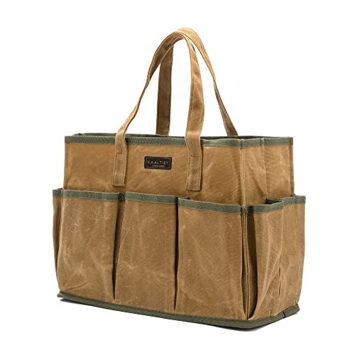 16OZ Waxed Canvas Tool Tote Bag | Large-Capacity Tool Storage Tote with 10 External Pockets | Multi-Purpose Garden Tool Carrier for Gardening, Wrench, and Carpentry Tools – Khaki - color: Khaki