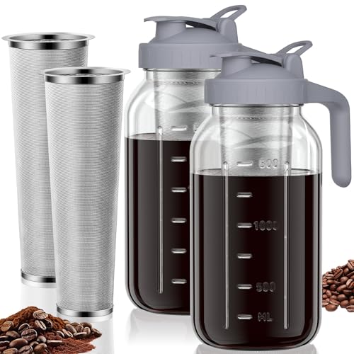 JunVpic Cold Brew Coffee Maker, 64 oz Glass Mason Jar Pitcher | 100μm stainless steel filter, wide mouth design, leak-proof lid with handle, pour spout for iced coffee, tea and cold drinks - color: 2Pack-Gray, size: 64 Ounces