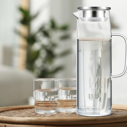 Hsei 2 Sets Glass Pitcher with Lid, 50 oz / 1500 ml Water Carafe with Handles Hot Cold Beverage Water Jar Glass Jug for Tea Juice Milk Coffee Iced Beverage - color: Stainless Steel Lid, size: 1.5l