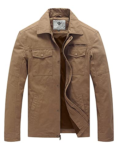 WenVen Men's Casual Canvas Cotton Military Lapel Jacket - color: Khaki, size: Medium