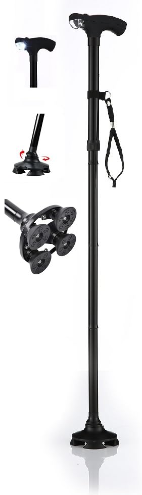 Shorter Cane, Wrist Strap, Walking, Seen On TV, 4 Rubber Feet, LED Light | Adjustable from 27-32 inches, Self Standing, Hurry Before They are Gone, Great, Foldable, Color is Black