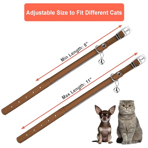 OOPSDOGGY Rolled Leather Cat Collar with Bell, Reflective Kitten Collars with Buckle Include Safety Elastic Strap - Adjustable Small Pet Collars for Boy Girl Cats (Beige) - color: Beige