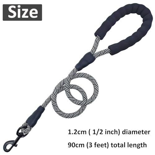 MayPaw Heavy Duty Rope Dog Leash, 3/4/6/7/8/10/12/15/20/30FT Nylon Pet Leash, Soft Padded Handle Thick Lead Leashes for Large Medium Dogs (Black, 1/2" * 3') - color: black, size: 1/2" * 3'