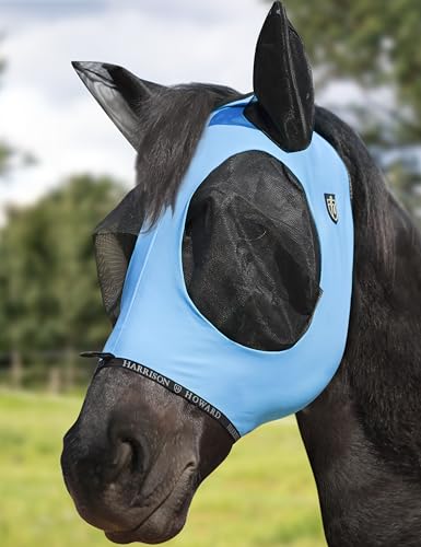 Harrison Howard Horse Fly Mask with Forelock Opening Stretch Breathable and Comfortable for Horses UV -Protection Ice Blue L - color: Ice Blue, size: L