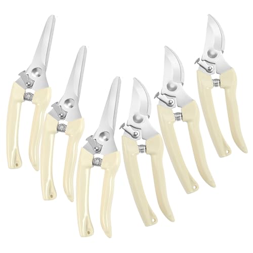 6PCS Premium garden shears, pruning scissors gardening tools, pruners for flower, bushes, rose and fruit tree, use for florist, yard and orchard the plant clippers, sharp steel anvil snips (white, 6) - style: white