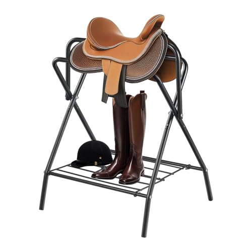 VEVOR Folding Saddle Rack, Freestanding Horse Saddle Stand, Portable Horse Blanket Holder, Heavy Duty Steel Saddle Rack for English & Western Saddles, Tack Storage, 28 x 19 x 37.5 in, Black - style: Folding Saddle Rack-1 Pcs