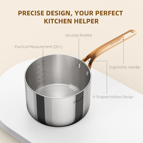 Ciwete 3 Quart Sauce Pan with Lid, Upgraded Tri-Ply Stainless Steel Saucepan with Mirror Polishing and 2 Scales, Induction Ready Cooking Pot with Stay-Cool Brass Handle, Dishwasher & Oven Safe - size: 3 Quart (with brass handle)