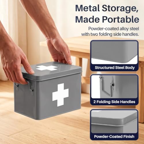 Flexzion Large Metal First Aid Box Empty, 8.5-Inch, Gray with White Cross - color: Gray, size: 8.5 Inch without Latch Lock