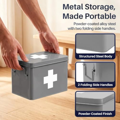 Flexzion Large Metal First Aid Box Empty, 8.5-Inch, Gray with White Cross - color: Gray, size: 8.5 Inch without Latch Lock