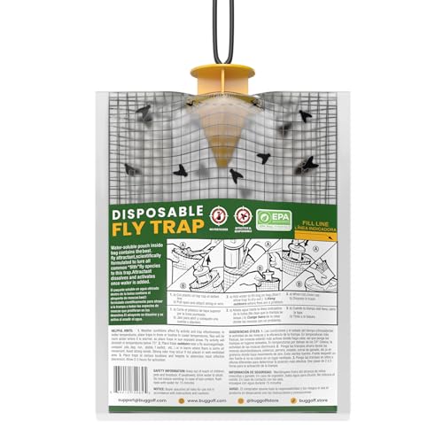 BUGGOFF - 4 Pack Outdoor use only, Disposabe Hanging Fly Traps with Natural Pre-Bait, Catches Flyes everywhere anywhere, Stables, Ranches, Cottages and More. Discrete design, Easy fill and hang setup!