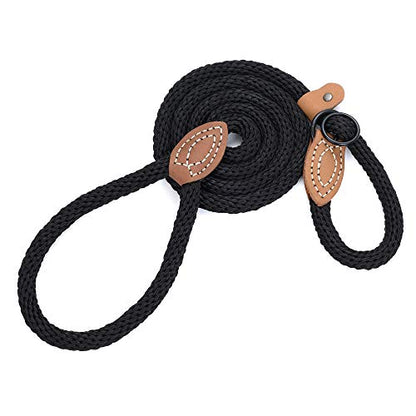 Mile High Life Heavy Duty Slip Lead No Pull Leash w Leather-Reinforced Ends - color: Jet Black, size: 4 Feet