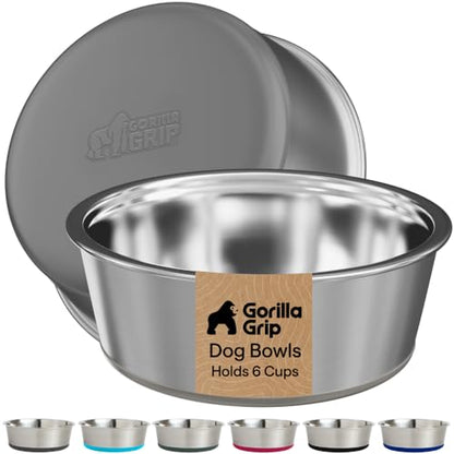GORILLA GRIP Dog Bowls, Food Grade Stainless Steel, Set of 2, 6 Cup, Gray | 304 Stainless Steel Pet Feeding Bowls Hold 48 fl oz Each, Dishwasher Safe, Rust Resistant, BPA Free Rubber Base - color: Gray, size: 6 Cup (48 Oz)
