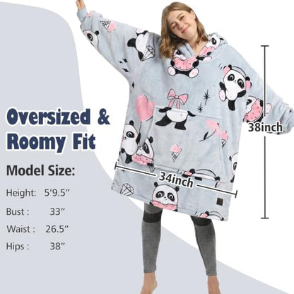 Catalonia Oversized Blanket Hoodie, Panda Print Fleece Wearable Blanket - color: Girl Panda Grey