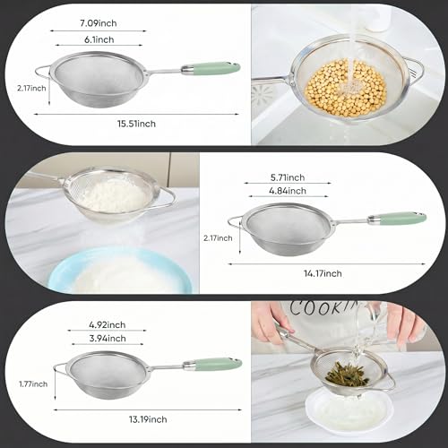 18/10 Stainless Steel Fine Mesh Strainer Set, 3 Sizes, 40 Mesh - color: Light Green
