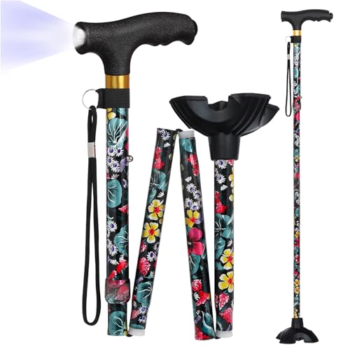 Walking Cane with LED Light, Foldable,Adjustable, Self Standing Walking Canes for Men & Women,Walking Sticks with Quad Base for Seniors & Adults - color: Red flowers