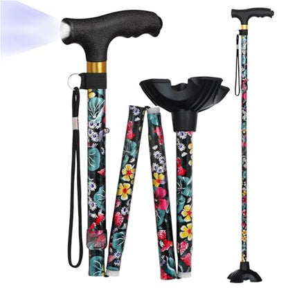 Walking Cane with LED Light, Foldable,Adjustable, Self Standing Walking Canes for Men & Women,Walking Sticks with Quad Base for Seniors & Adults - color: Red flowers