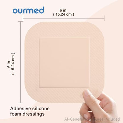 Ourmed Soft Flex Silicone Foam Dressings(6"x 6", Pack of 10) Sterile, Highly Absorbent, Waterproof, Gentle Border, Wound Care for Bed Sores, Pressure Ulcers - size: 6x 6 Inch with border