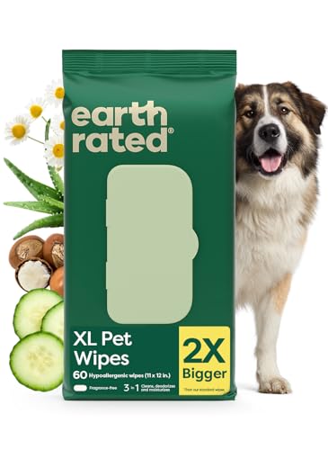 Earth Rated XL Pet Wipes for Dogs & Cats, Unscented Hypoallergenic, 60 Ct - color: Unscented, size: 60 XL Grooming Wipes