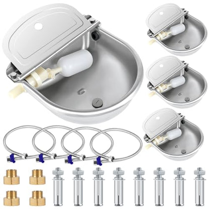 ToLanbbt 4PCS Automatic Animal Dispenser Horse Water Bowl with Float Valve Stainless Steel Goat Waterer Feeder Outside Water Trough for Livestock Auto Fill Dog Water Bowl with 1/2" Hose, Drainage Hole - size: 4 PCS