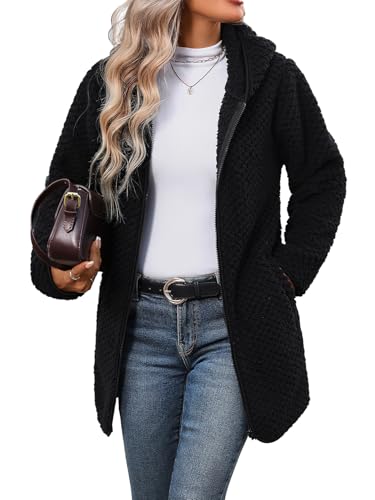 Vipwest Womens Fleece Jacket Hooded Winter Warm Full Zip Long Sleeve Sherpa Jacket Coat Outerwear with Hood (S-5XL) - color: Black Dot, size: Large