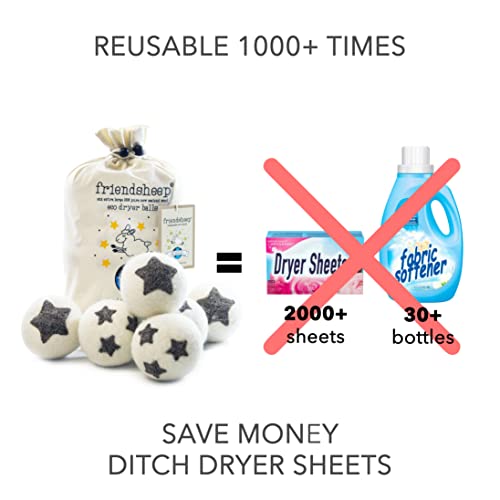 Friendsheep Wool Dryer Balls, Organic Reusable Fabric Softener Alternative for Laundry, Handmade, Fair Trade, Hypoallergenic, Eco-Friendly, Plastic-Free (6 Pack XL – Stars Galore) | Reusable fabric softener alternative Organic wool, handmade, fair trade,