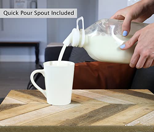 The Dairy Shoppe Heavy Glass Milk Bottles - Extra Lids, Silicone Pour Spouts, Silicone Funnel- Clear Milk Containers - Reusable - Wire Carrier - Made in USA (2 Quart / 2 Cell Carrier Combo) - size: 64 Ounces