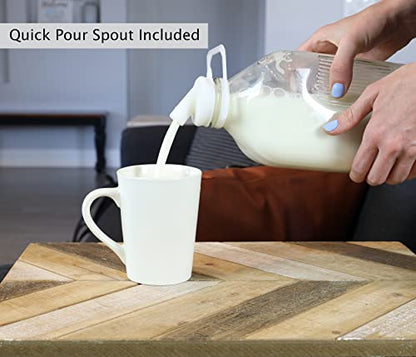 The Dairy Shoppe Heavy Glass Milk Bottles - Extra Lids, Silicone Pour Spouts, Silicone Funnel- Clear Milk Containers - Reusable - Wire Carrier - Made in USA (2 Quart / 2 Cell Carrier Combo) - size: 64 Ounces
