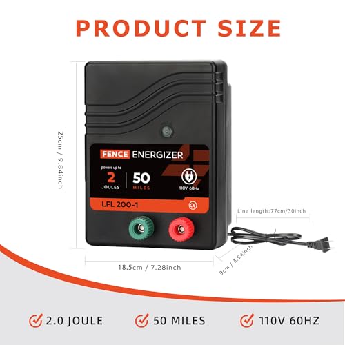 Electric Fence Charger, Electric Fence Energizer 2 Joule Plug-in Ac Powered - size: LFL200-1
