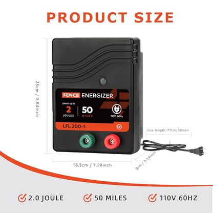 Electric Fence Charger, Electric Fence Energizer 2 Joule Plug-in Ac Powered - size: LFL200-1