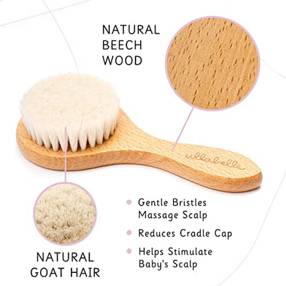 Ullabelle 3 Piece Wooden Baby Hair Brush and Comb Set for Newborns & Toddlers in Chic Gift Box - Ultra Soft Natural Goat Hair and Wood Baby Brush Set Prevents Cradle Cap - Perfect Registry Gift (Sage) - color: Sage