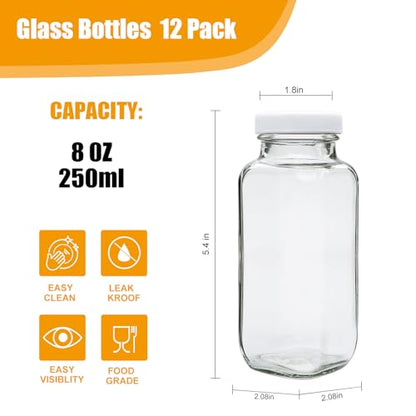 Juice Bottles With Caps 8 oz,12 Pack Glass Juicing Bottles Reusable - size: 8 Ounces